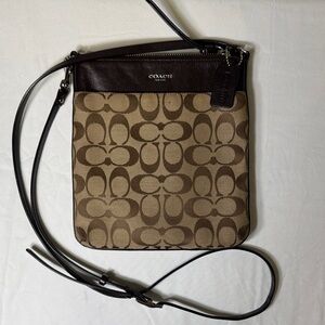 Coach Signature Brown Crossbody Bag PVC‎ Leather Trim Adjustable Strap